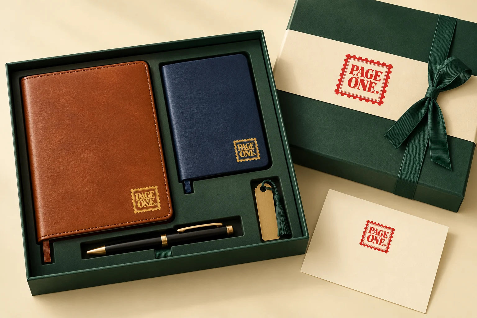 Page One diary, journal, pen and bookmark in a company-branded gift box
