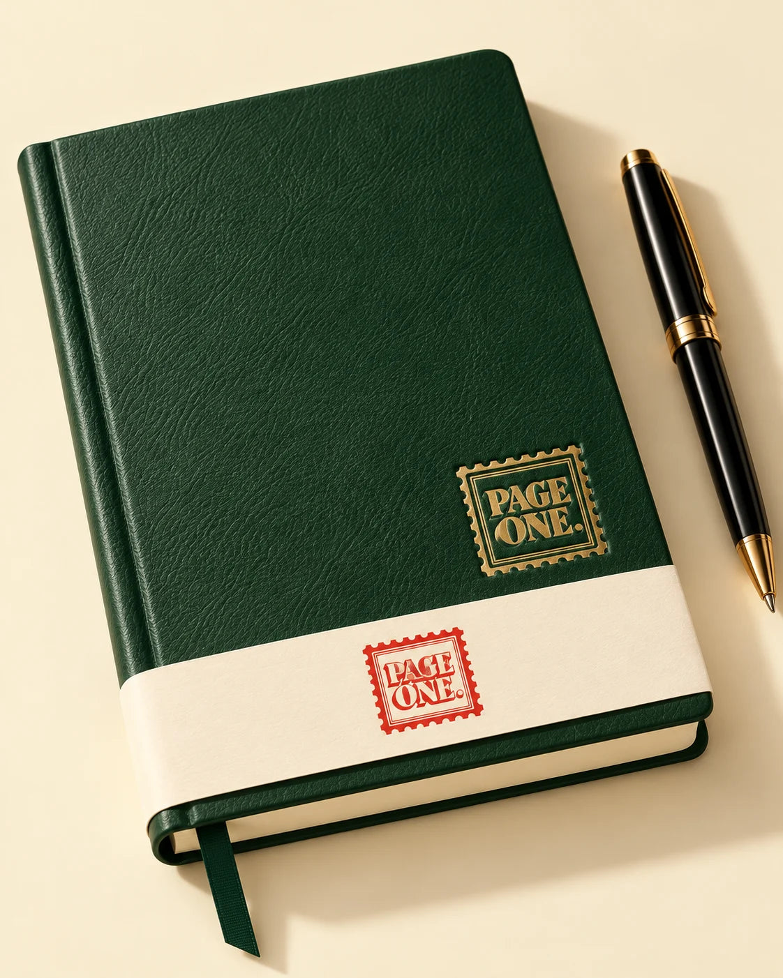 Forest green Page One diary with a small gold stamp and a branded cream band
